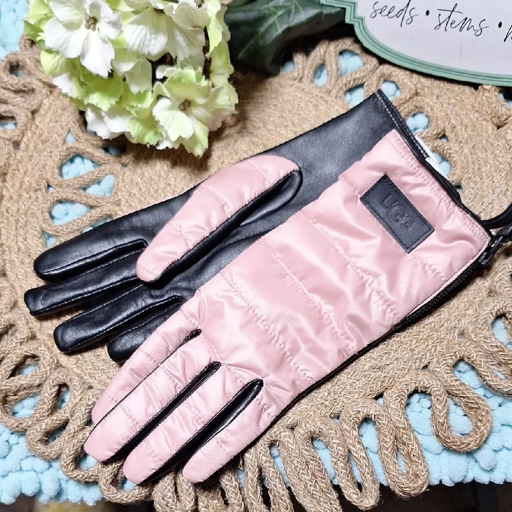 UGG Women's Black Leather and Pink Quilted Gloves, Smart Touch